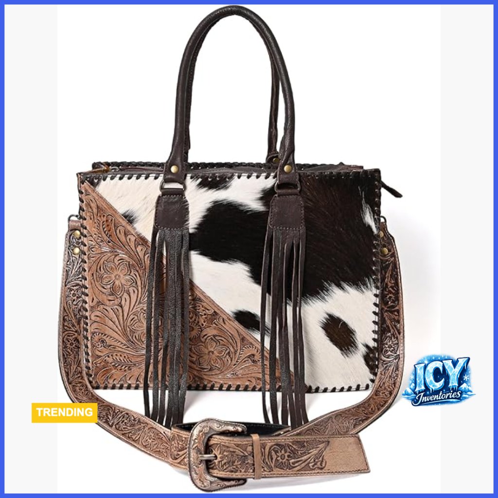 Genuine Cowhide Leather Handbag With Adjustable Strap And Fringe